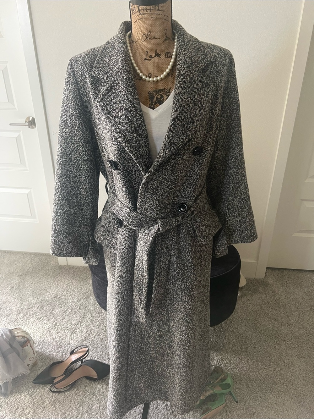 Women’s Double-Breasted Long Gray Trench Coat with Belt